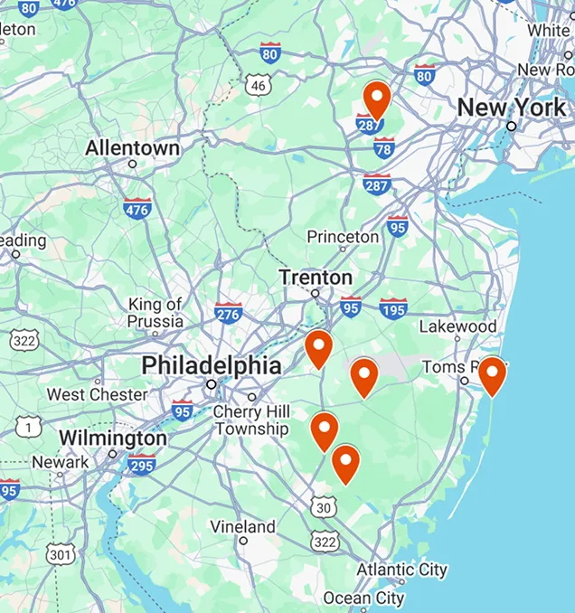A map showing Parkdale Road leading to a parking lot, and then arriving at Atsion Recreational Area. Nearby areas are Atsion Lake Beach, a popular beach with a scenic backdrop. Further out, nearby Atsion Lake Boat Launch is featured, along with Flatwater Paddle Co. at Atsion Lake. Off to the side is Route 206